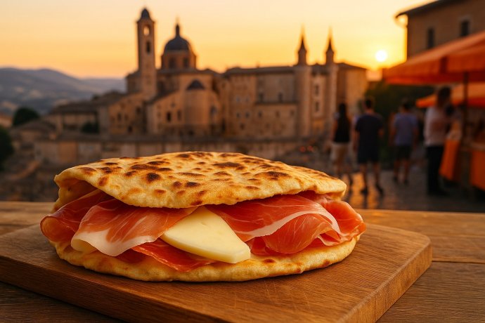 Crescia sfogliata di Urbino con prosciutto e formaggio, con Urbino al tramonto sullo sfondo.