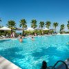 Persone che nuotano e si rilassano in una grande piscina all'aperto con palme lungo il bordo.